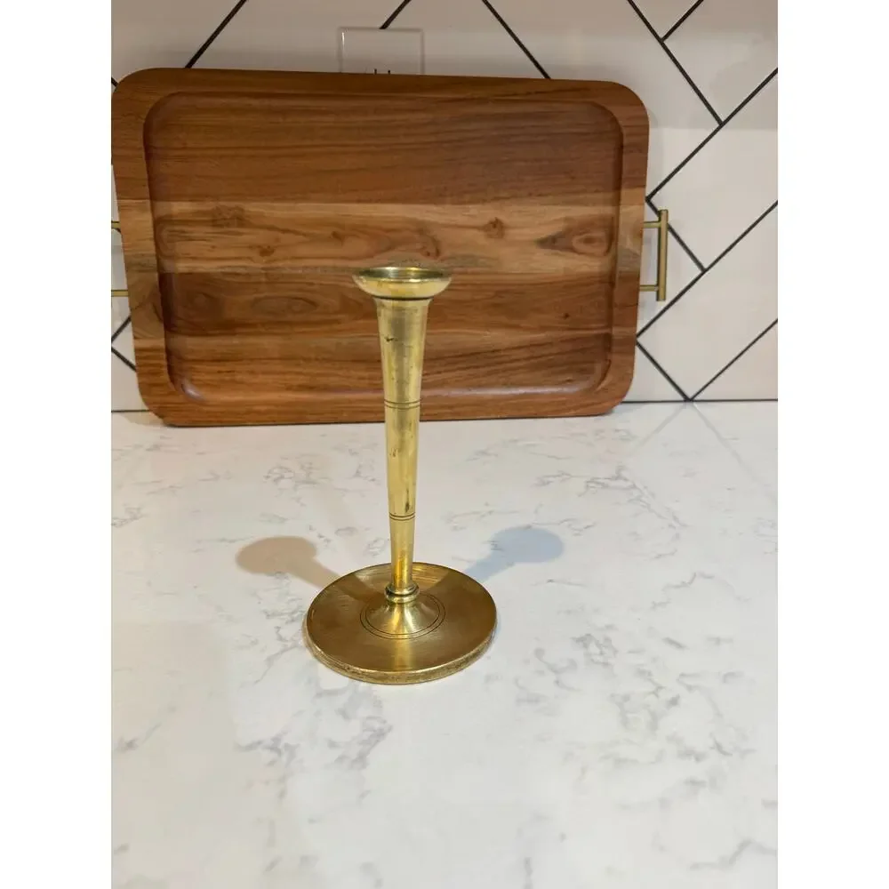 antique vintage brass candlestick holder classic turned, tapered stem wide base